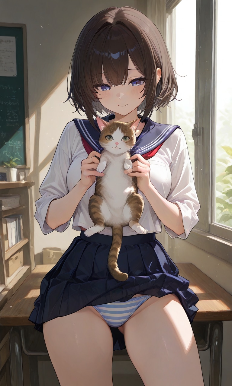 制服少女と猫