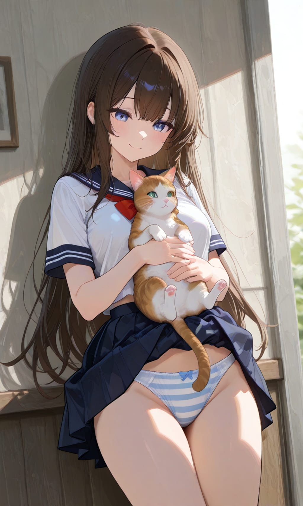 制服少女と猫