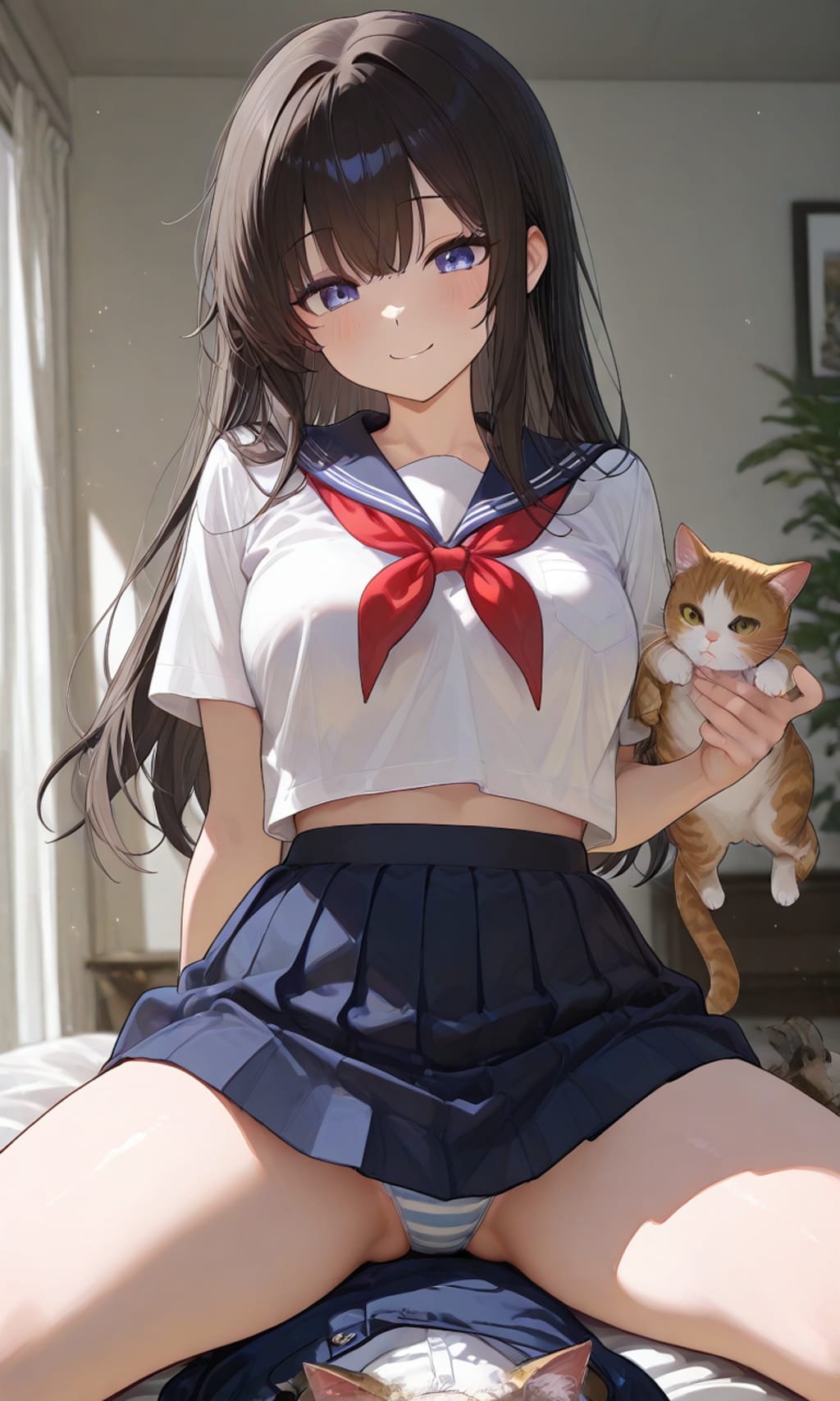 制服少女と猫