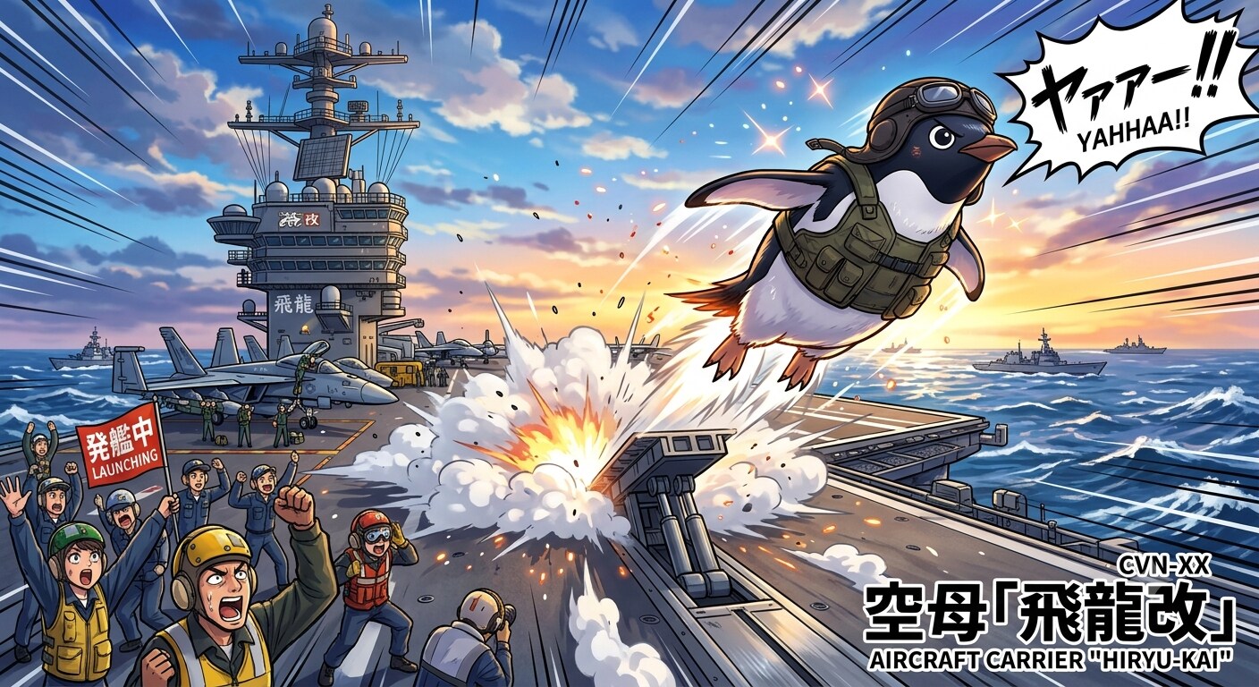 空母から発艦するペンギン