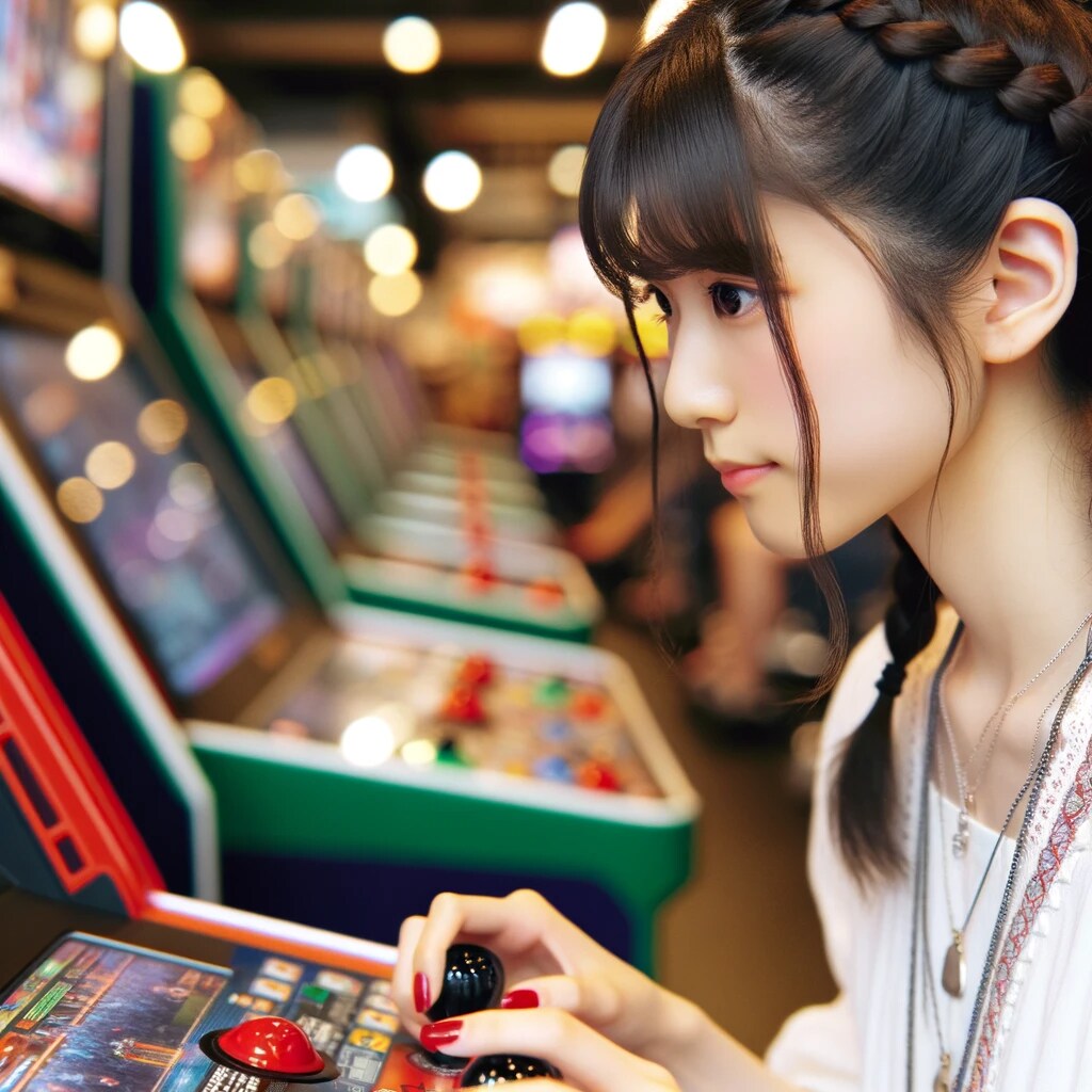 ゲーセンでゲームに熱中する少女