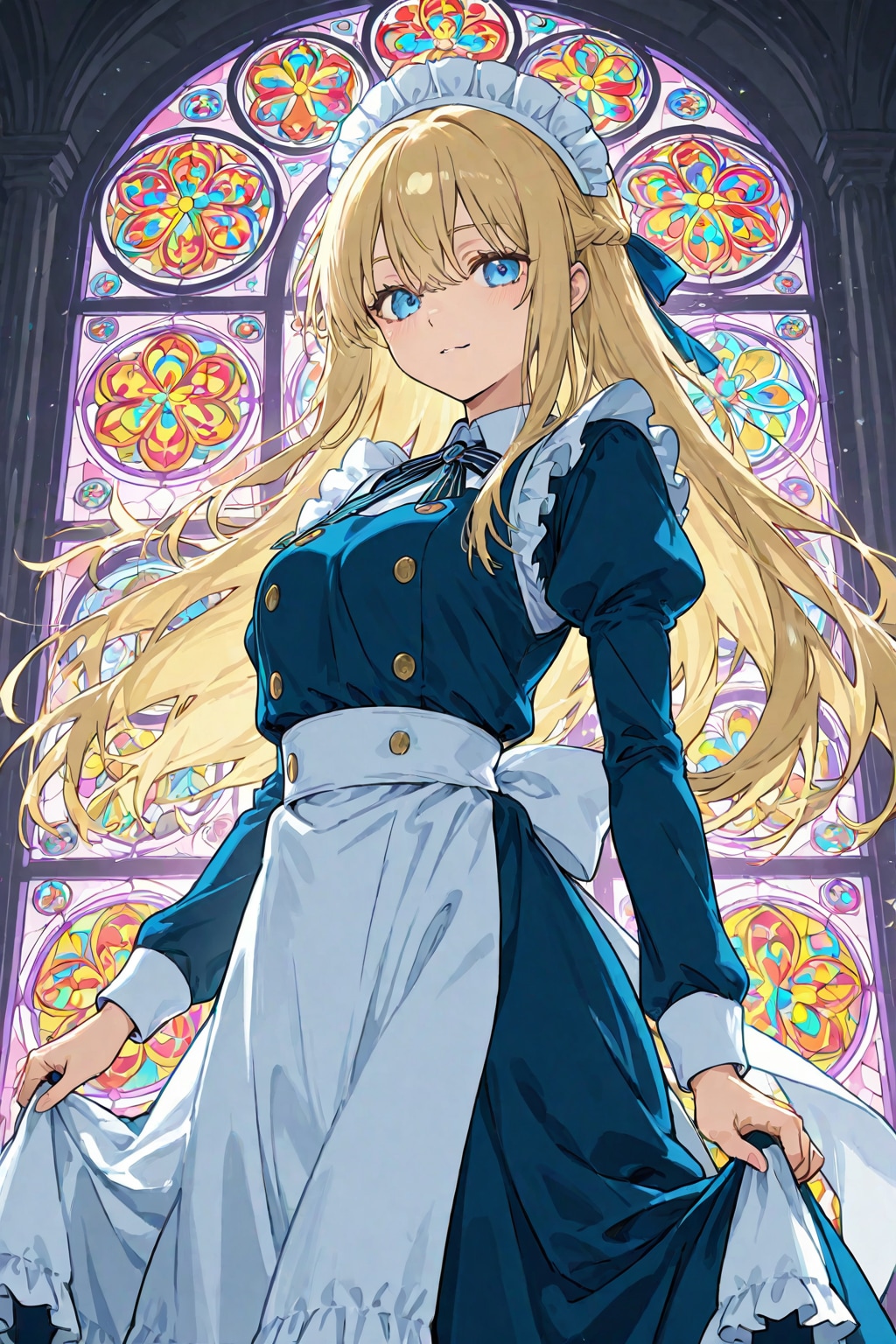 「制服の少女が空へ還る姿」のステンドグラス