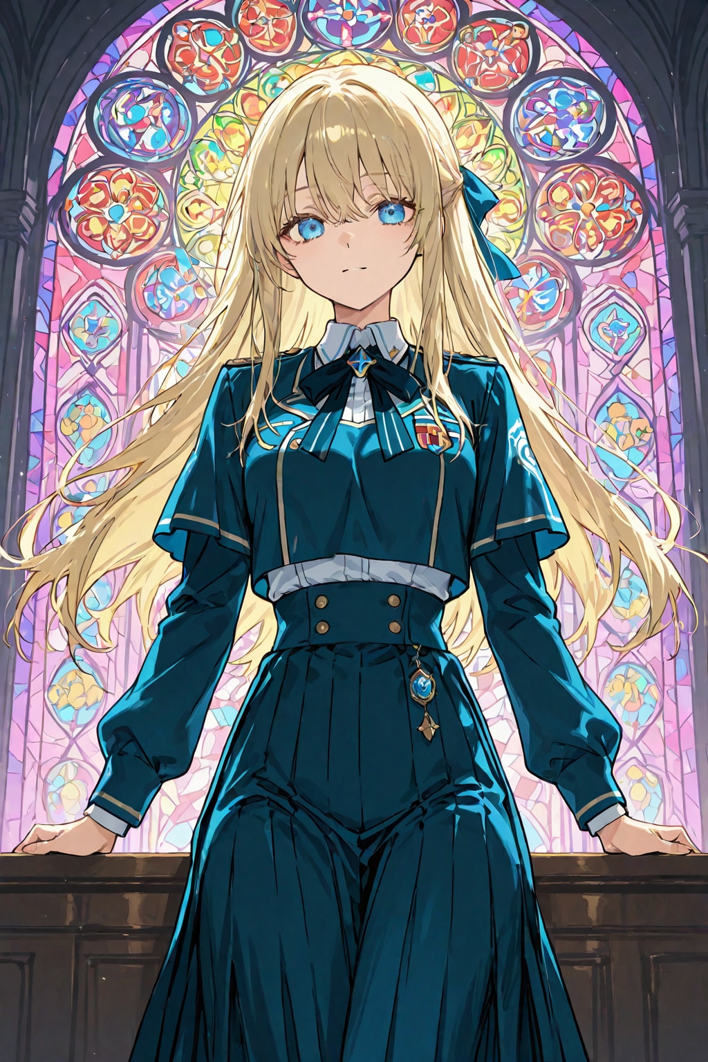 「制服の少女が空へ還る姿」のステンドグラス