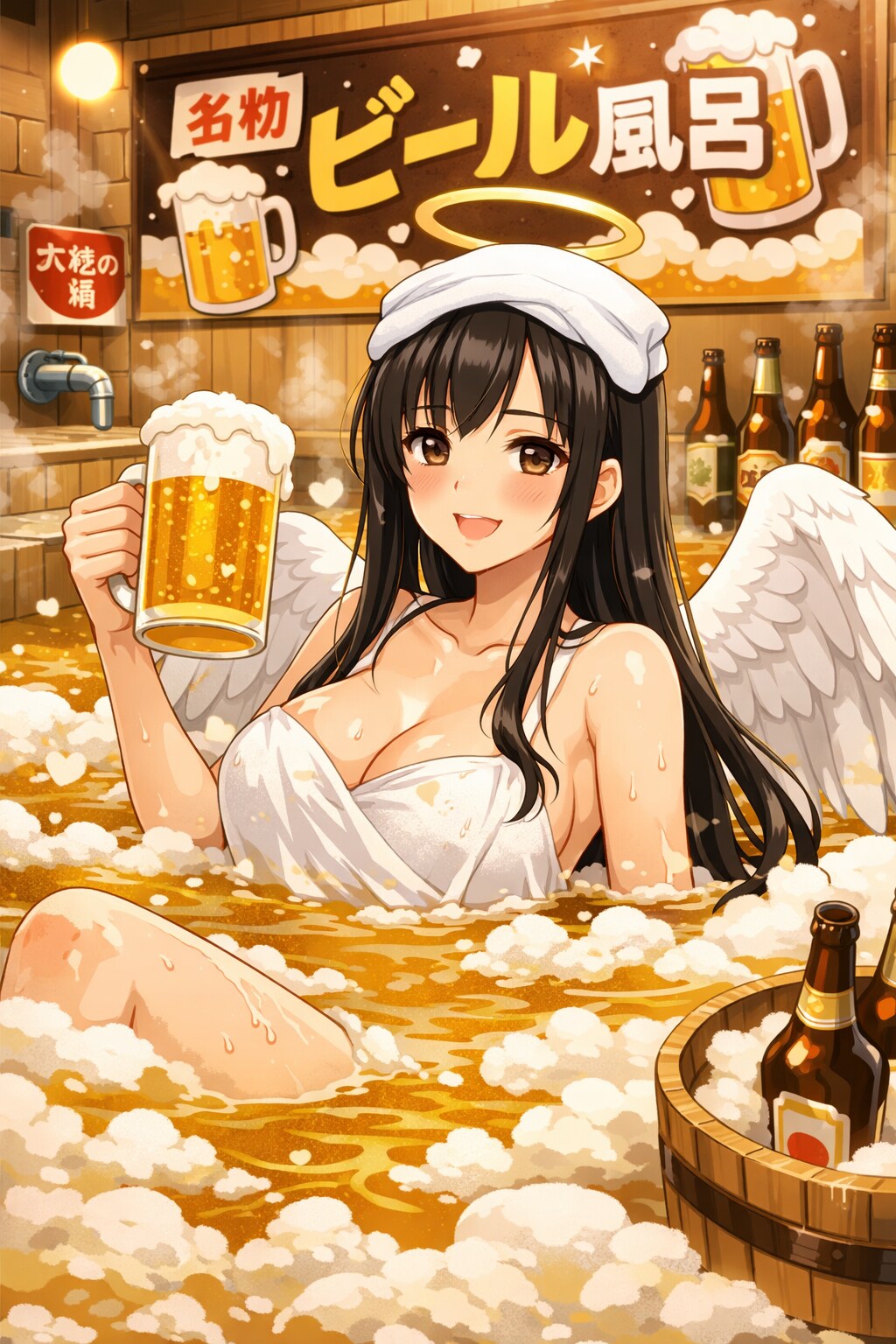 ビール風呂を堪能する天使妻