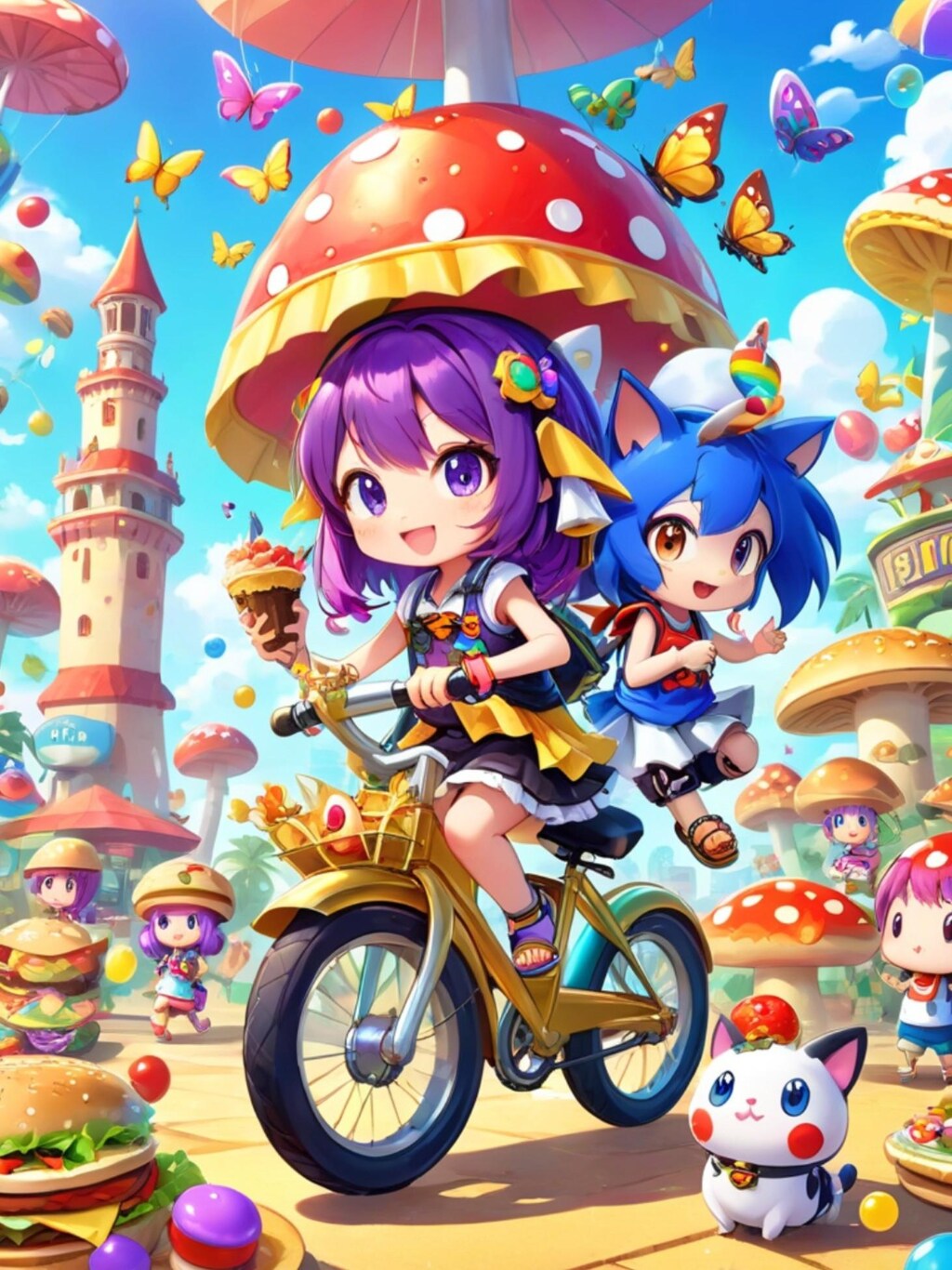 自転車に乗る紫髪ちゃん
