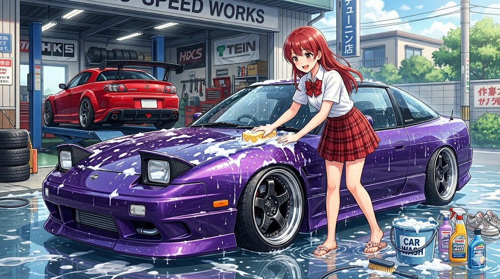 愛車180sxを洗車するレッドヘアちゃん🩷red hair Chan 180sx