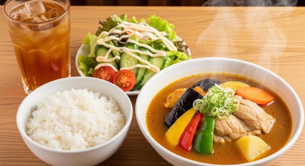 摩訶不思議食堂のスープカレーとマヨネーズかけサラダ