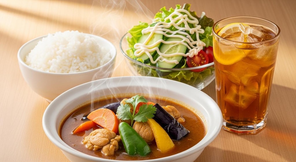 摩訶不思議食堂のスープカレーとマヨネーズかけサラダ