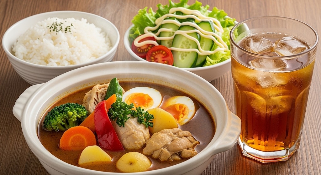 摩訶不思議食堂のスープカレーとマヨネーズかけサラダ