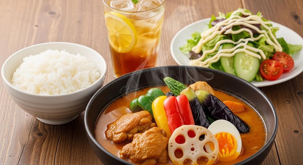 摩訶不思議食堂のスープカレーとマヨネーズかけサラダ