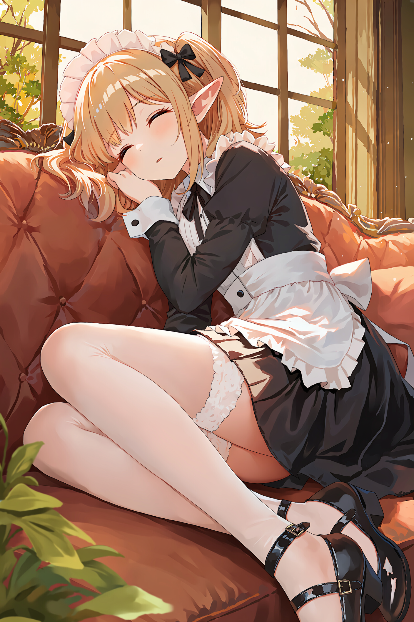 眠る金髪エルフメイドさん | の人気AIイラスト・グラビア