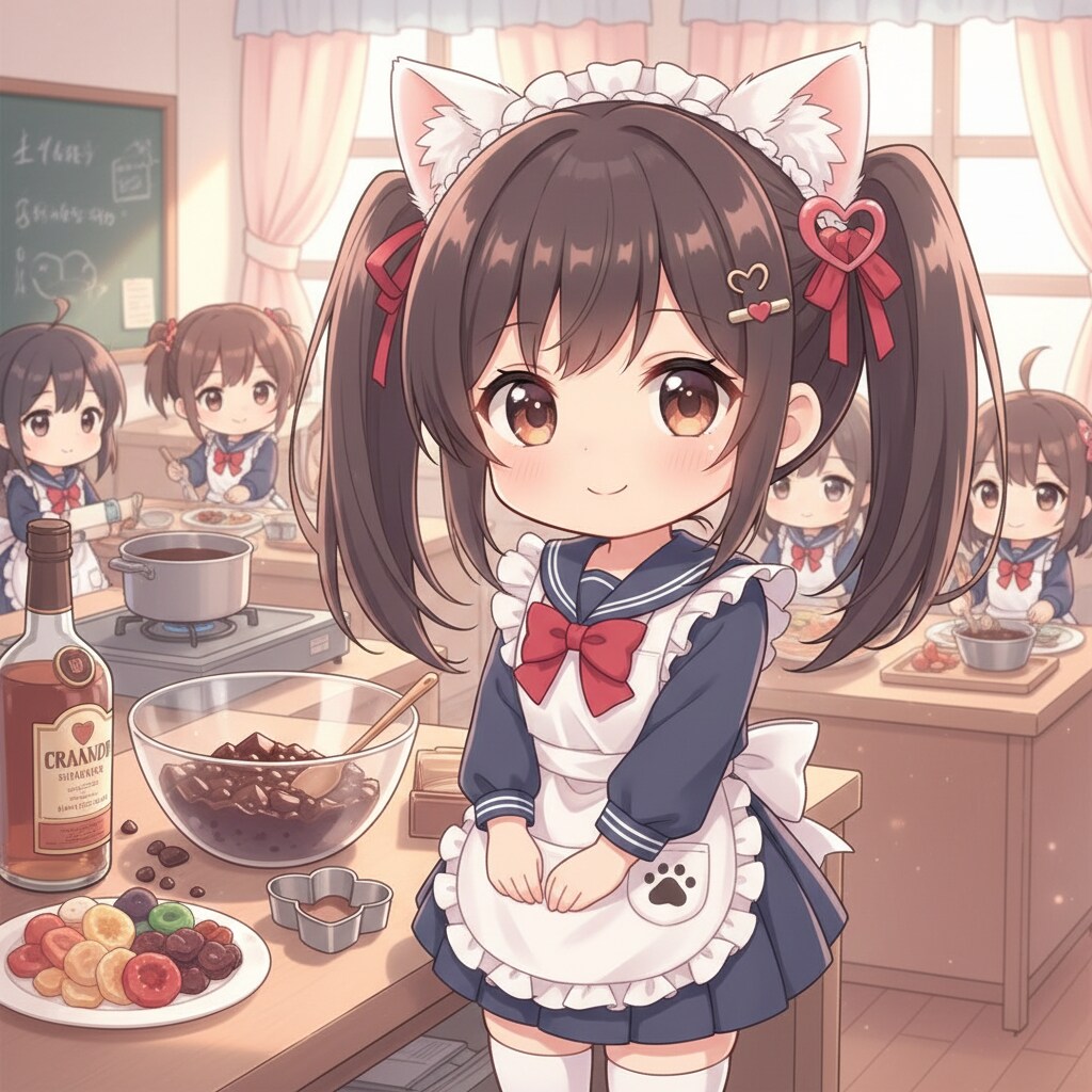黒ツイにゃん。バレンタイン。料理部。アニメ風。chibi.