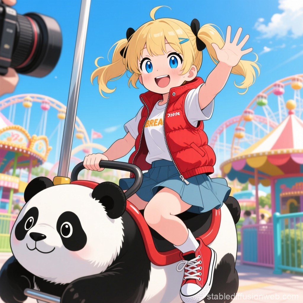 パンダに乗ってはしゃぐ