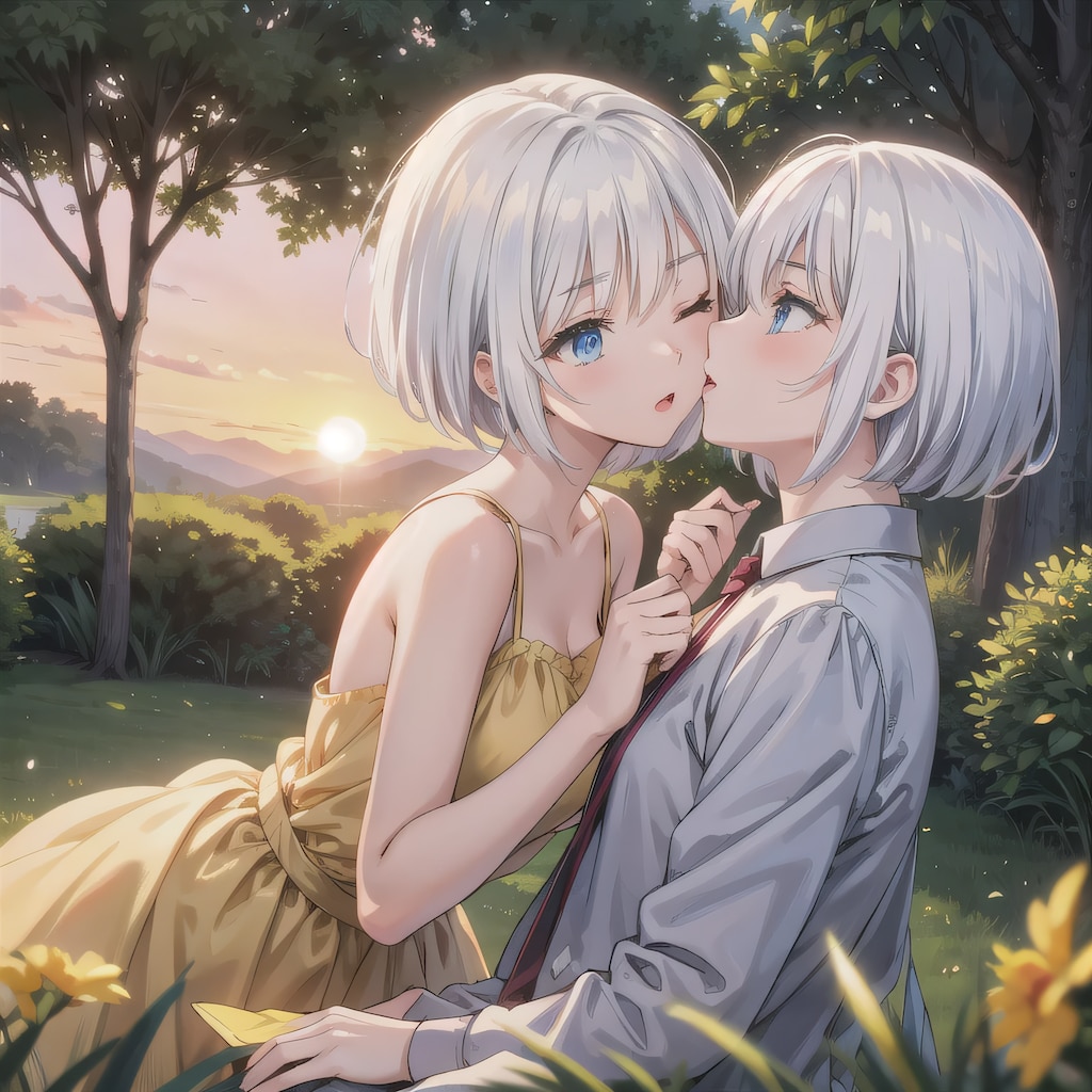 白髪ボブでワンピースの少女