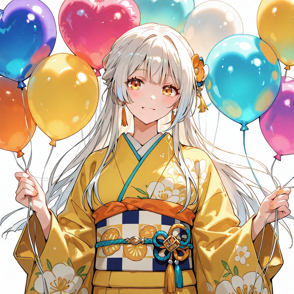 いっぱい色とりどりの風船を持つ白い髪ロングの黄色の着物着た美女 | の人気AIイラスト・グラビア