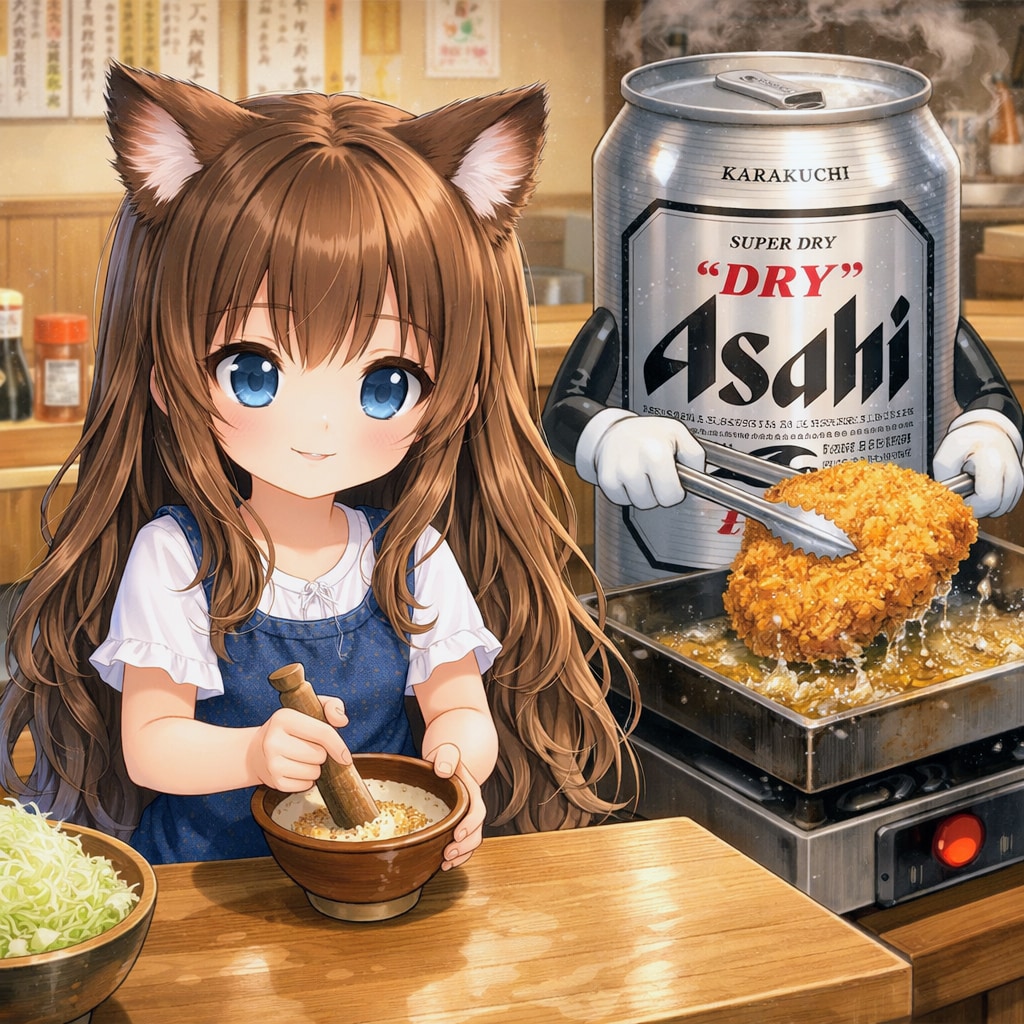 とんかつ屋で胡麻をする小さな女の子