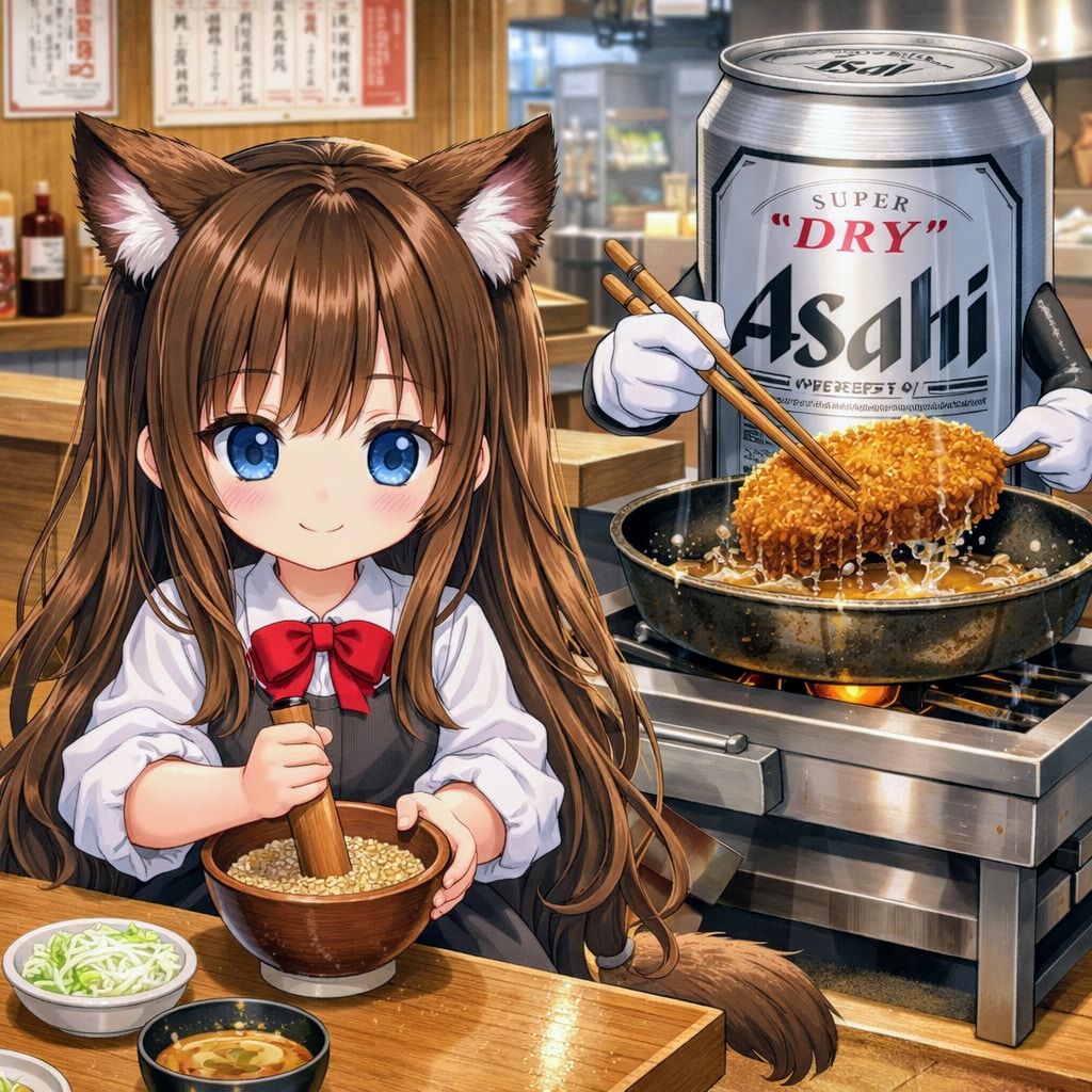 とんかつ屋で胡麻をする小さな女の子