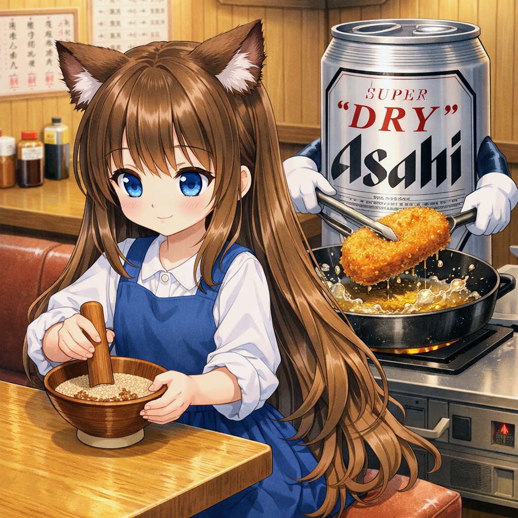 とんかつ屋で胡麻をする小さな女の子