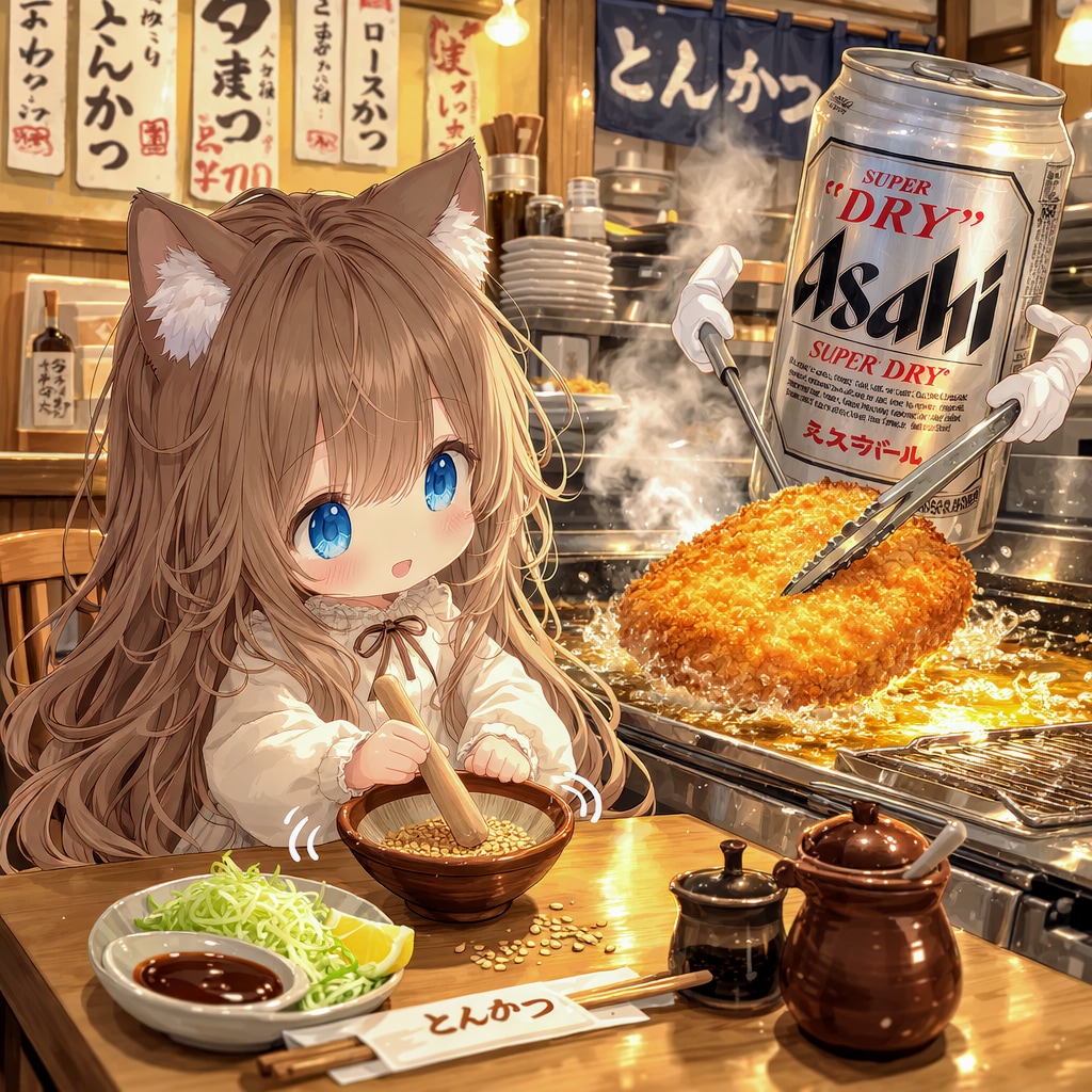 とんかつ屋で胡麻をする小さな女の子