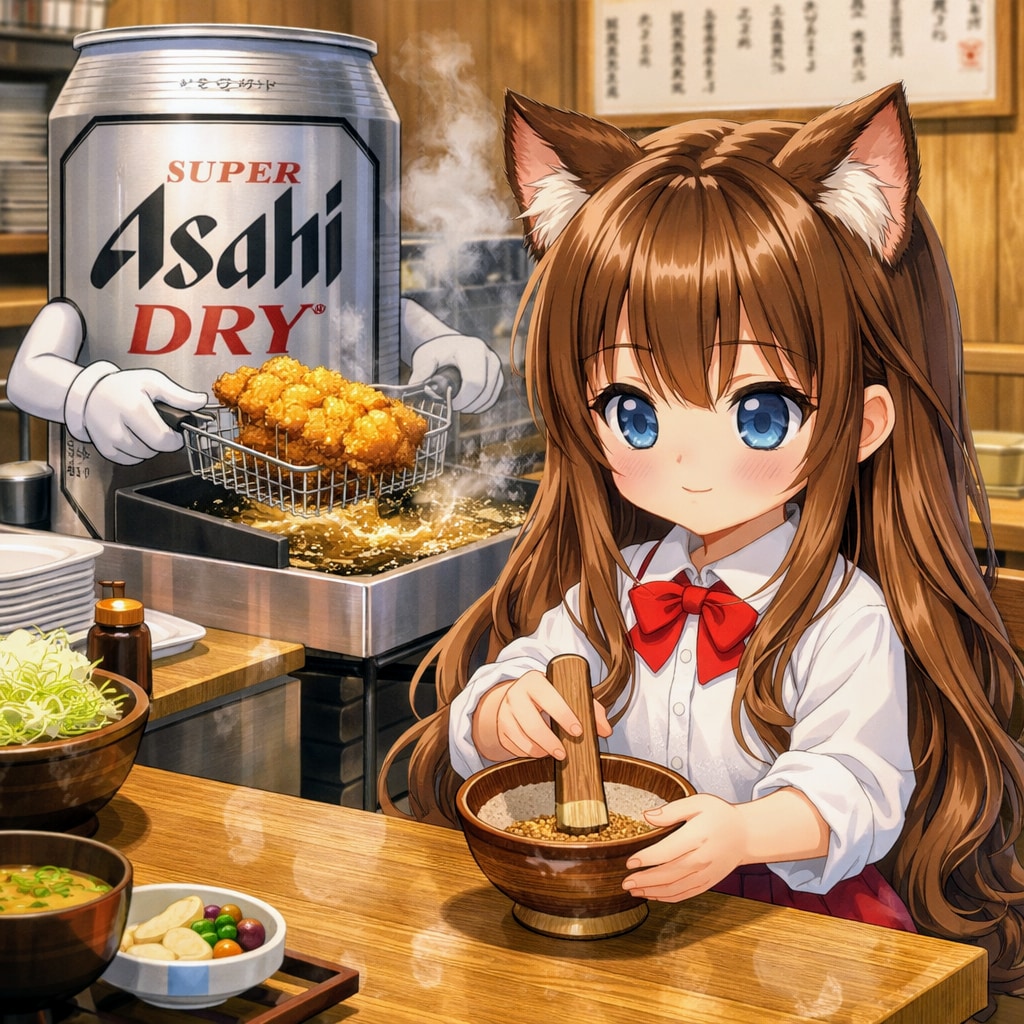 とんかつ屋で胡麻をする小さな女の子