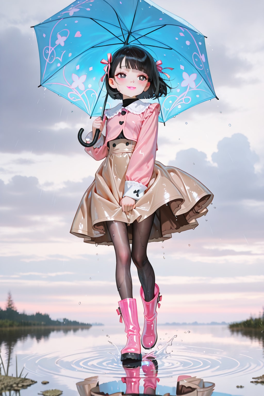 雨止まないなぁ〜❤️スカートが濡れないようにっと❤️