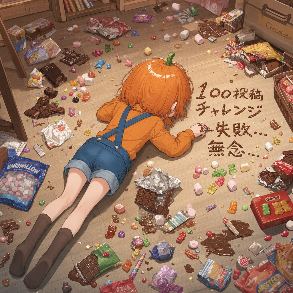 100投稿チャレンジ失敗したらお菓子が　メガンテを唱えた | の人気AIイラスト・グラビア