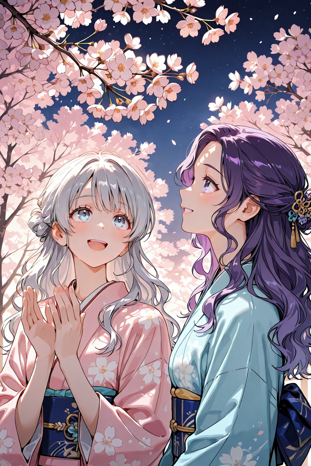 ツルヒメ&銀髪ちゃん(夜桜) | の人気AIイラスト・グラビア