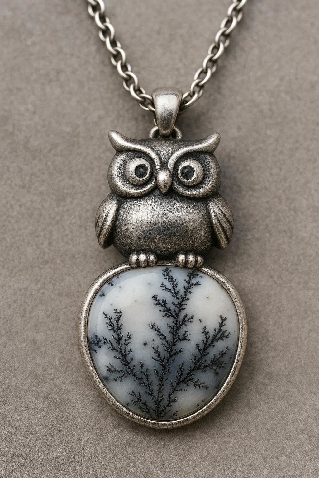 梟ちゃんの装飾とデンドライトオパールのペンダントトップ