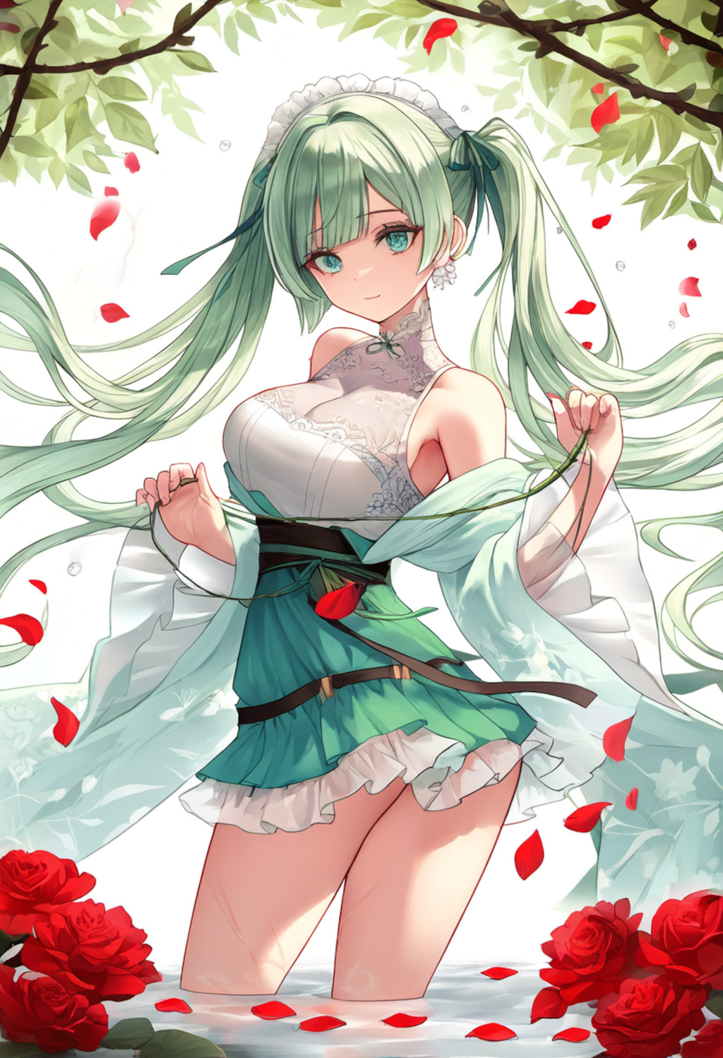 A light green-haired girl in a Chinese-maid-off-shoulder kimono stands gracefully in a misty floral