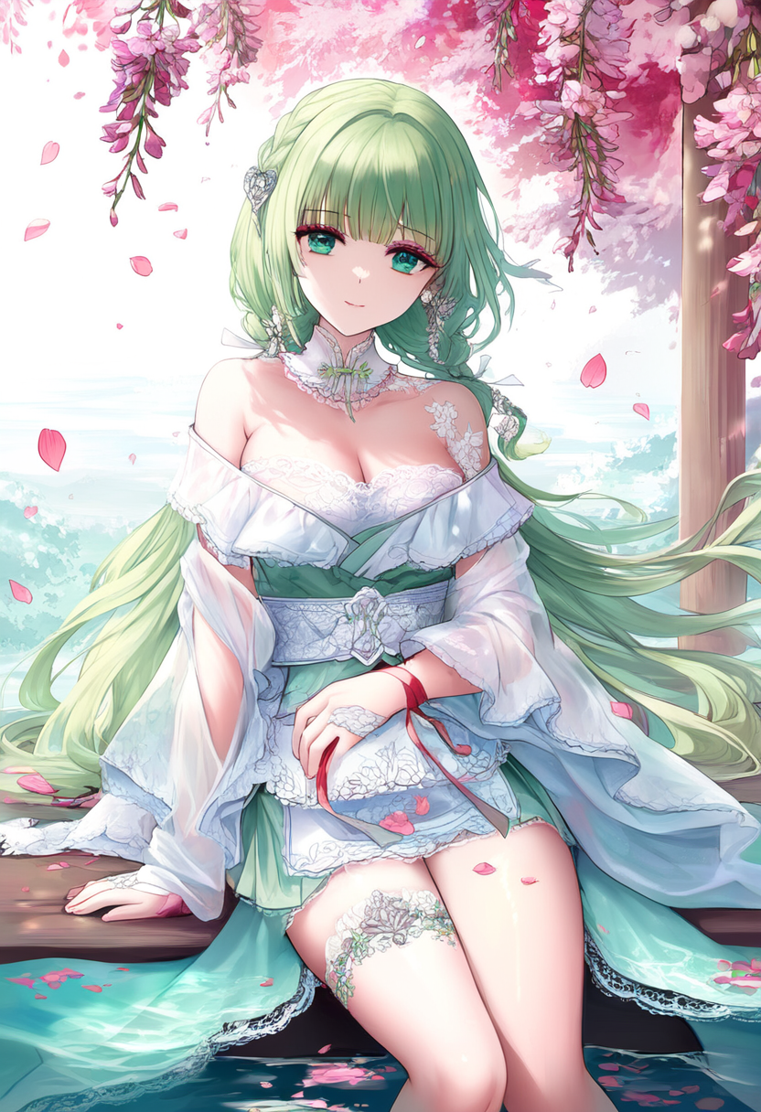 A light green-haired girl in a Chinese-maid-off-shoulder kimono stands gracefully in a misty floral | の人気AIイラスト・グラビア