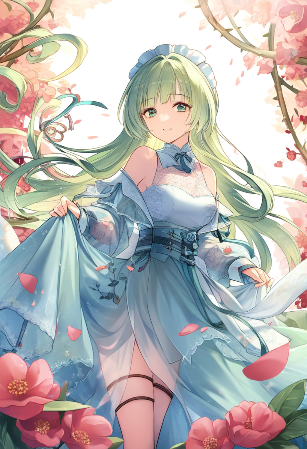 A light green-haired girl in a Chinese-maid-off-shoulder kimono stands gracefully in a misty floral