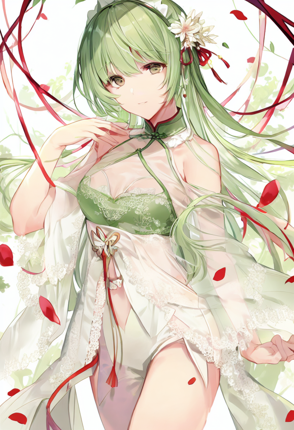 A light green-haired girl in a Chinese-maid-off-shoulder kimono stands gracefully in a misty floral