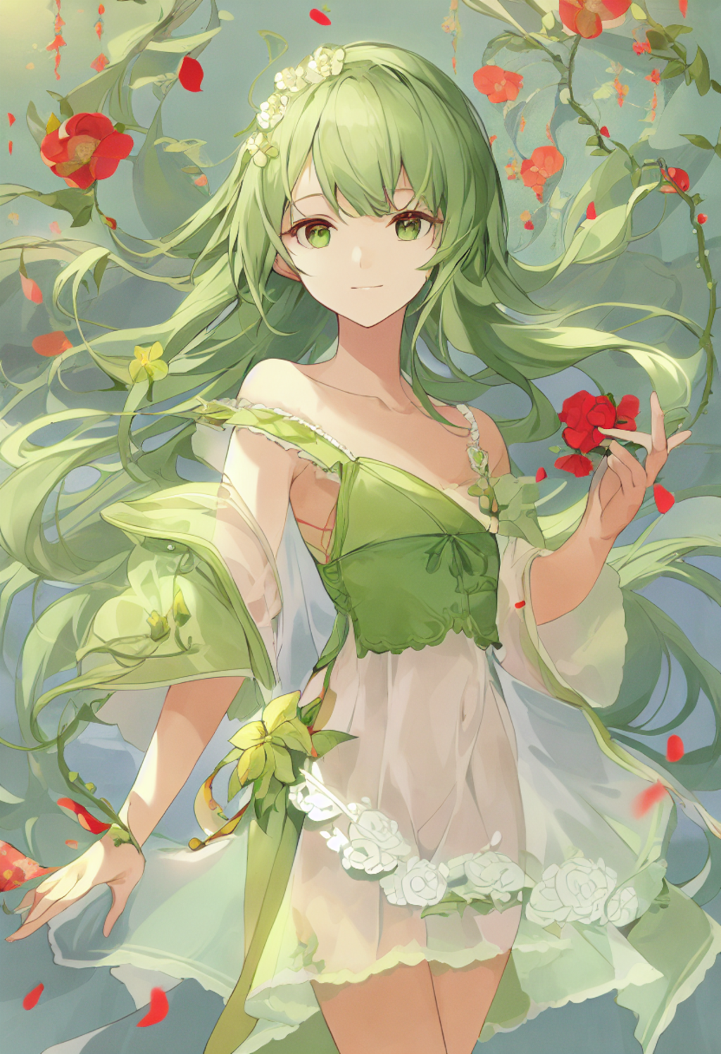 A light green-haired girl in a Chinese-maid-off-shoulder kimono stands gracefully in a misty floral