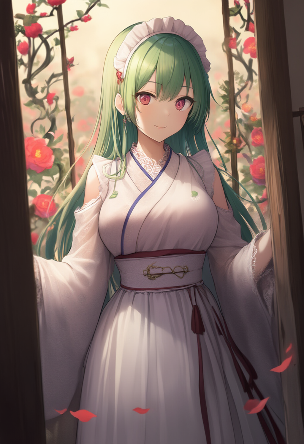A light green-haired girl in a Chinese-maid-off-shoulder kimono stands gracefully in a misty floral