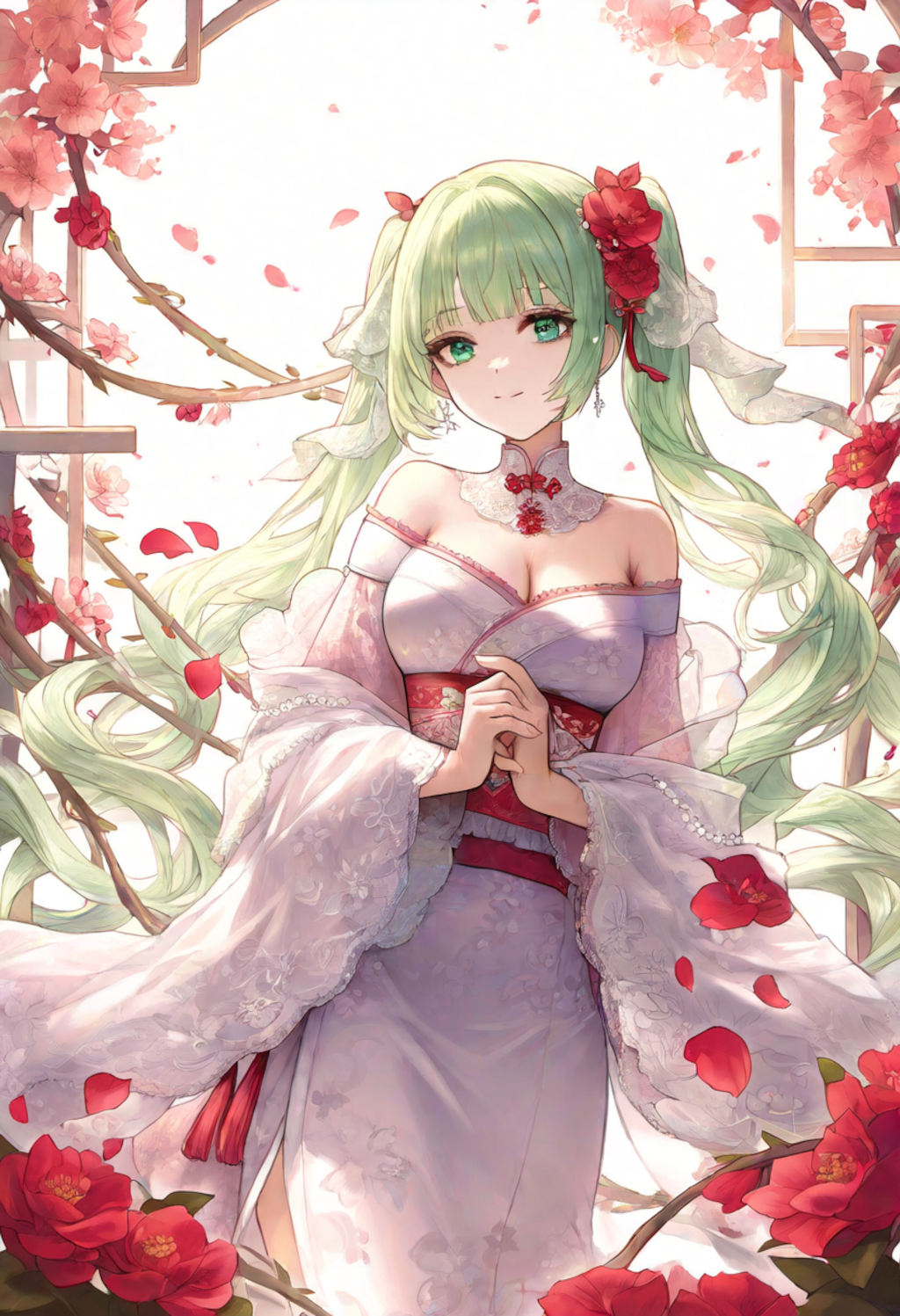 A light green-haired girl in a Chinese-maid-off-shoulder kimono stands gracefully in a misty floral