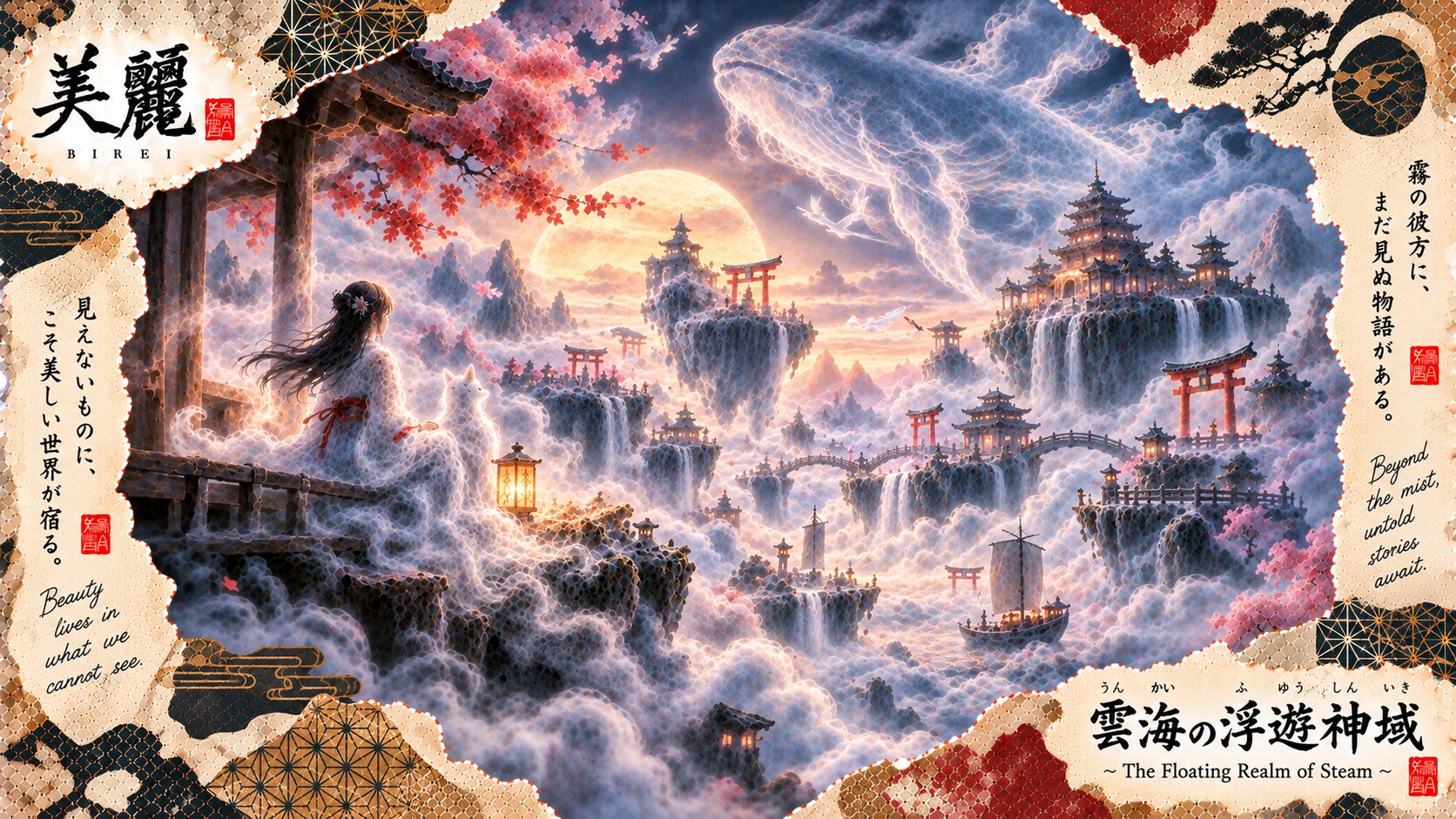 The Floating Realm of Steam, a cloud-whale drifting above torii-strewn islands adrift in mist and mo | の人気AIイラスト・グラビア