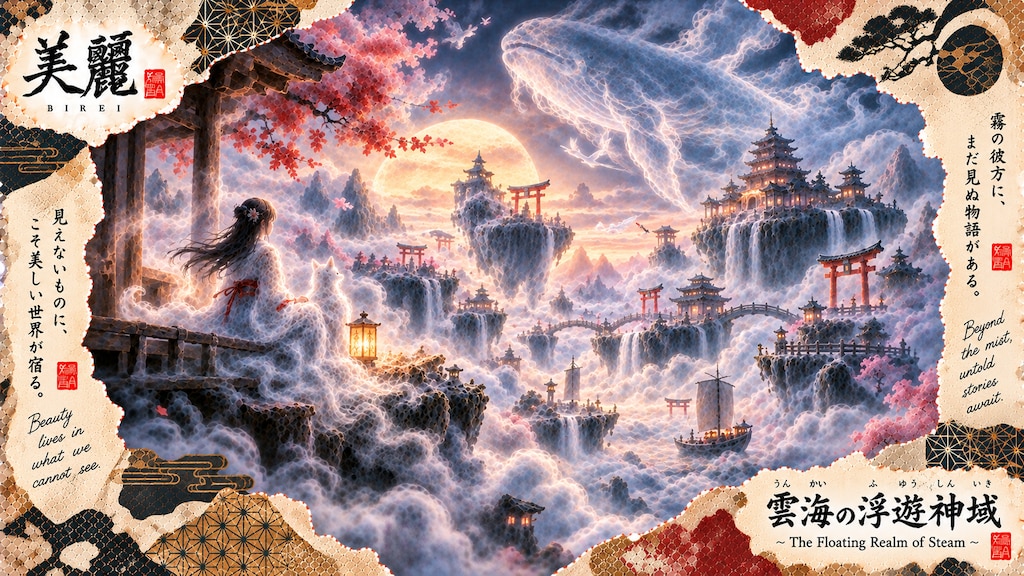 The Floating Realm of Steam, a cloud-whale drifting above torii-strewn islands adrift in mist and mo