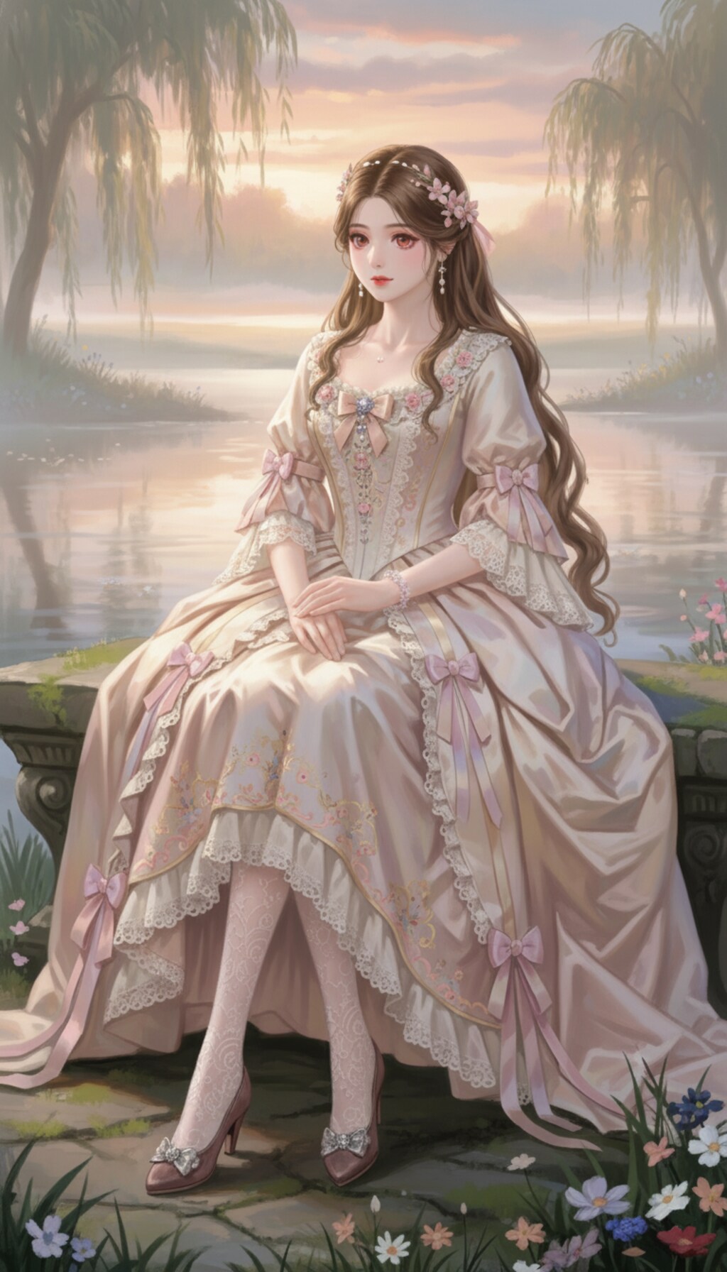 柳陰の薔薇乙女、湖畔に佇む