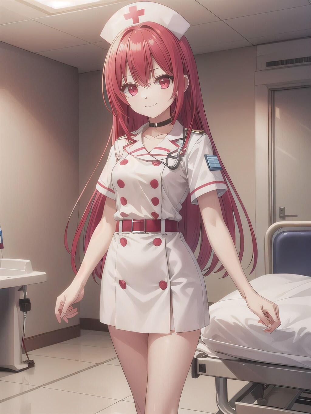 赤髪ロングで白衣の少女