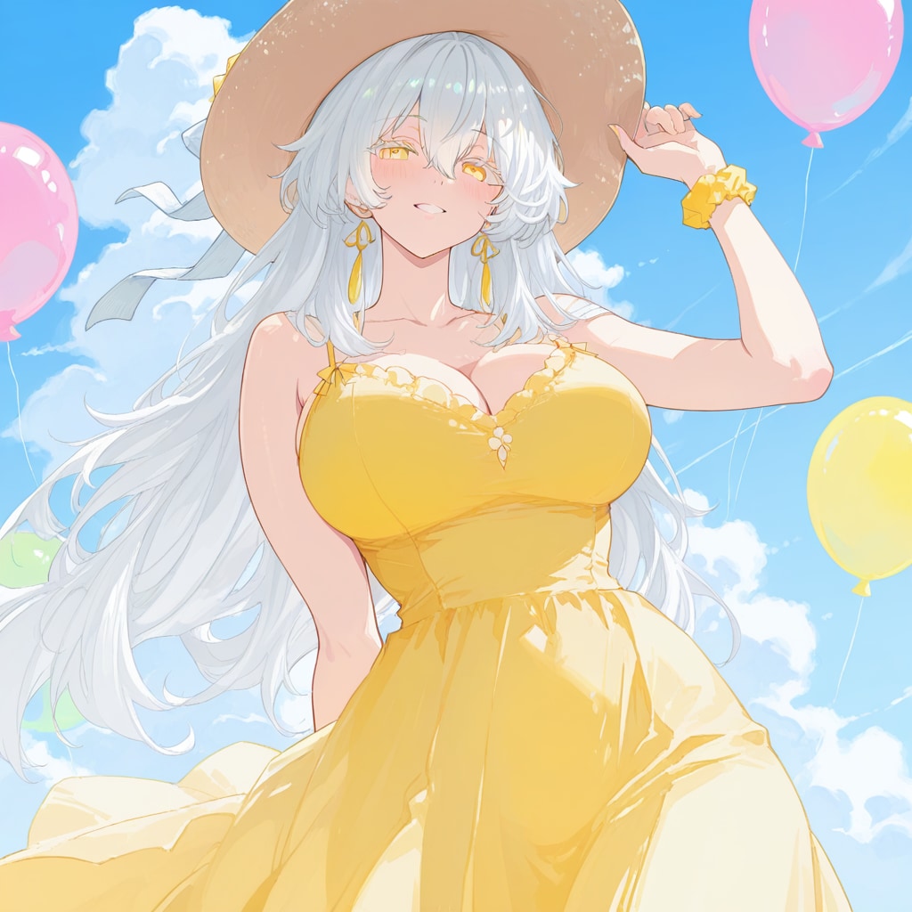 いっぱい色とりどりの風船を持つ白い髪ロングの黄色のドレス着た美女