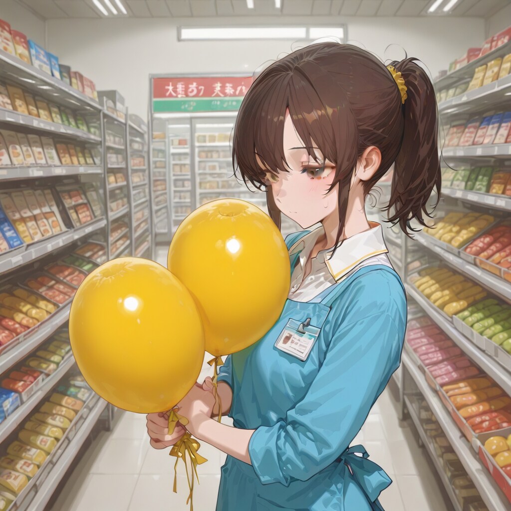 スーパーで黄色の風船を持つブラウンポニーテールの美女店員さん