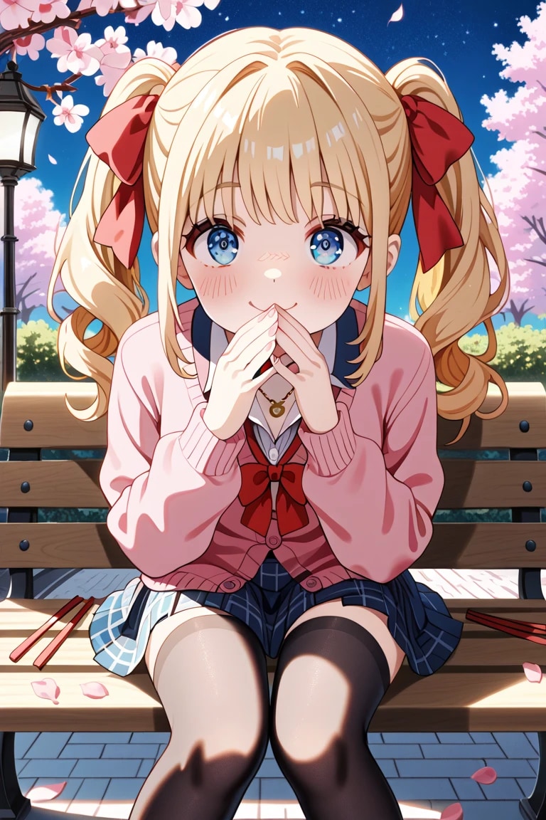 「きゃっ…///」金髪ツインテJK莉奈のベンチで両手口元照れ顔♡🌸 | の人気AIイラスト・グラビア