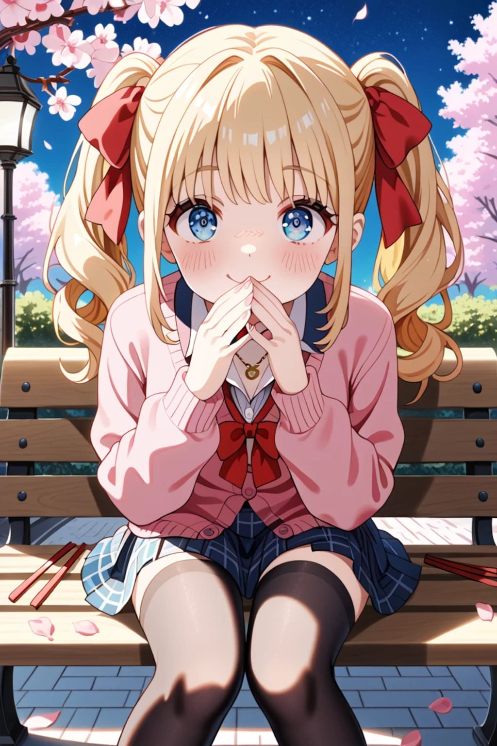 「きゃっ…///」金髪ツインテJK莉奈のベンチで両手口元照れ顔♡🌸