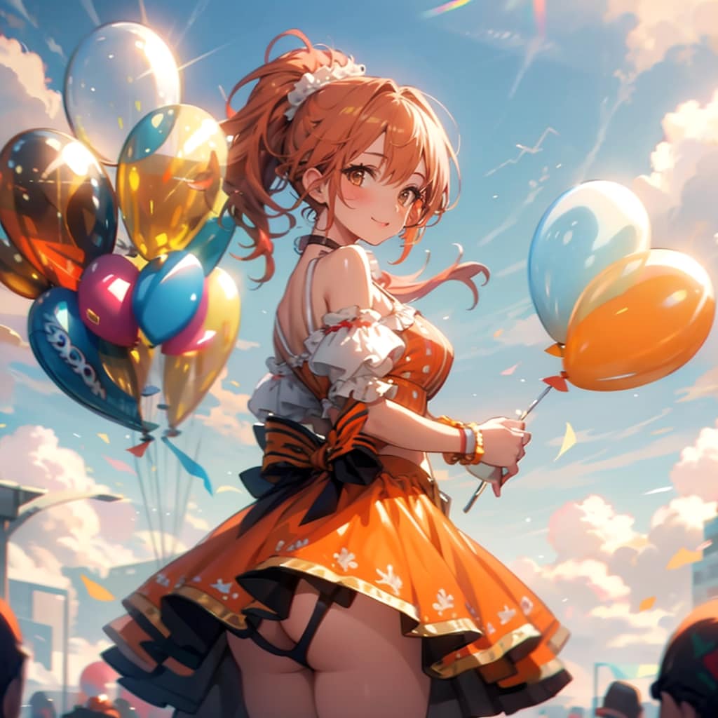 いっぱい風船を持つオレンジ髪ポニーテールのアイドルの美女。