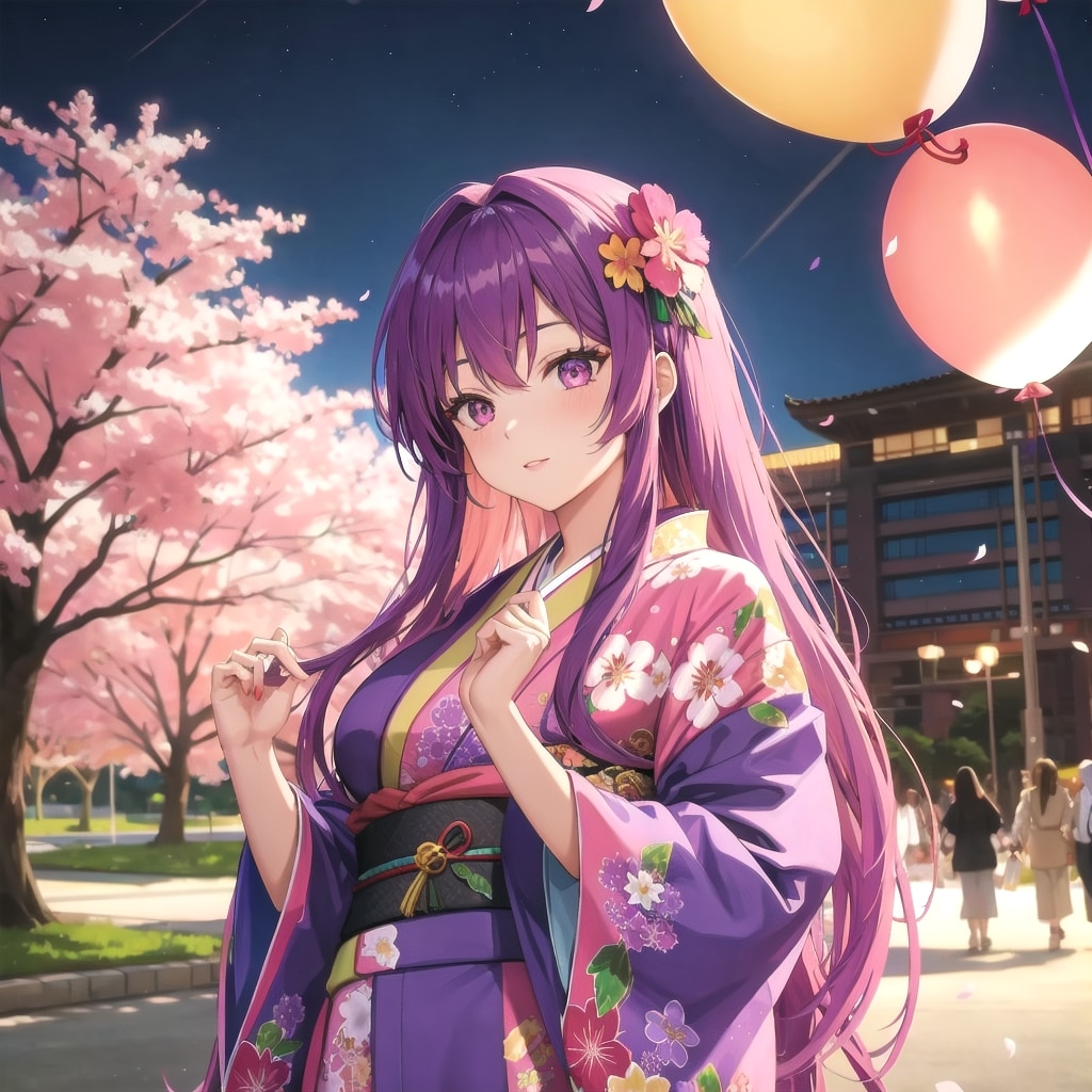 夜桜咲く公園で色とりどりの風船を持つ紫髪ロングの花柄の着物着た美女 | の人気AIイラスト・グラビア