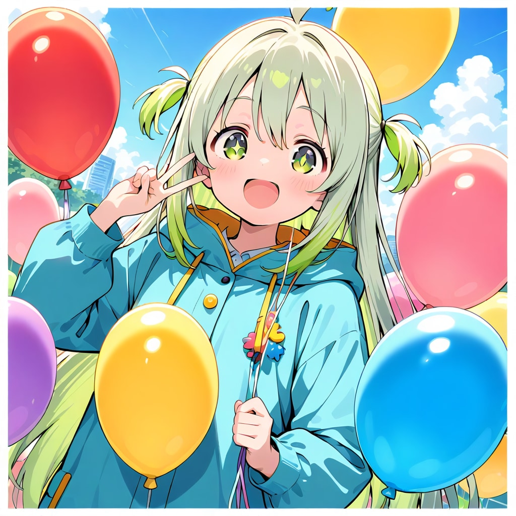 いっぱい風船を持つ緑髪ロングのお天気キャスターの美女 | の人気AIイラスト・グラビア