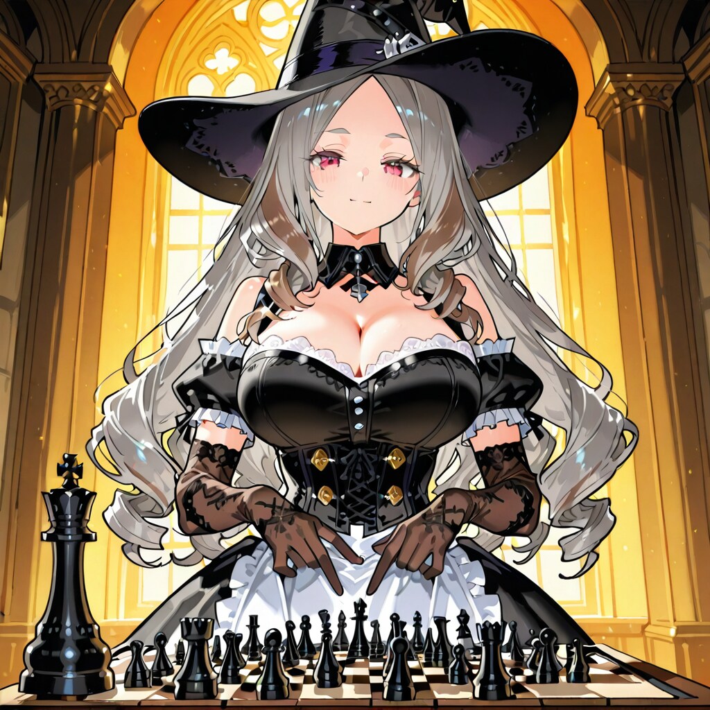 ゴシックっぽいお城でチェスのコマを並べて妄想する少女