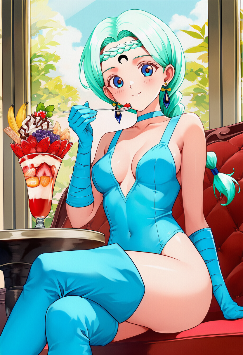 カフェでパフェを食べるベルチェ