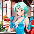 カフェでパフェを食べるベルチェ 2枚目