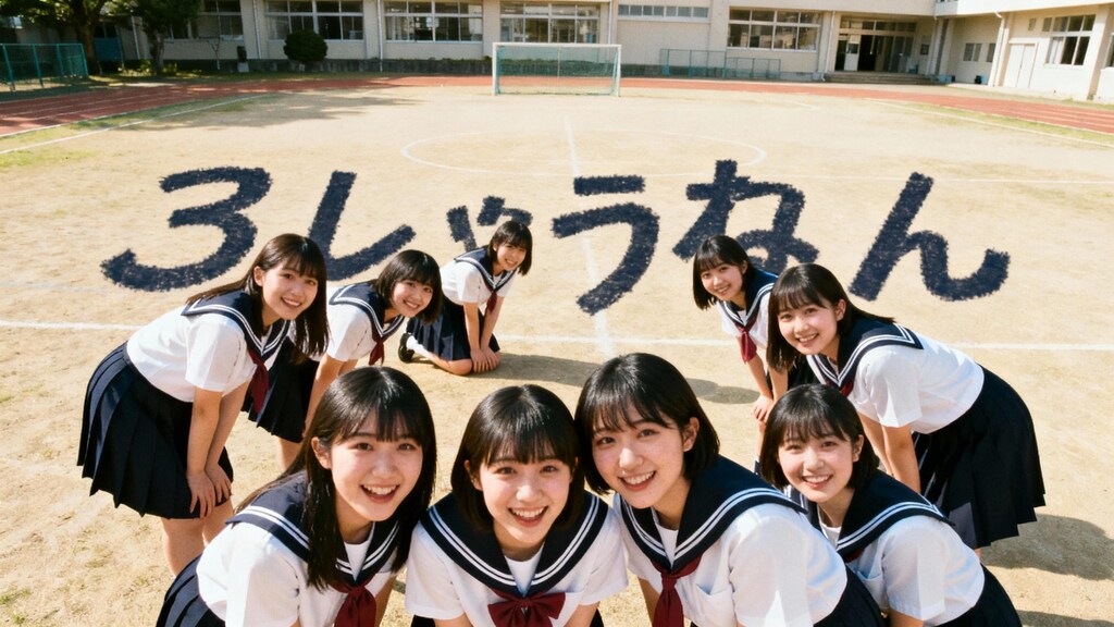 身体全体で「３しゅうねん」の文字を現した女子高生達